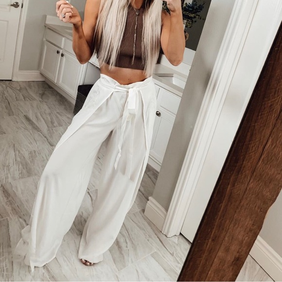 Embroidered Wrap Around Pants White Wide Leg S - Picture 1 of 10